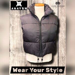 Anaysn Cropped Puffer Vest Sz L Quilted Lightweight High Collar With Drawstrings